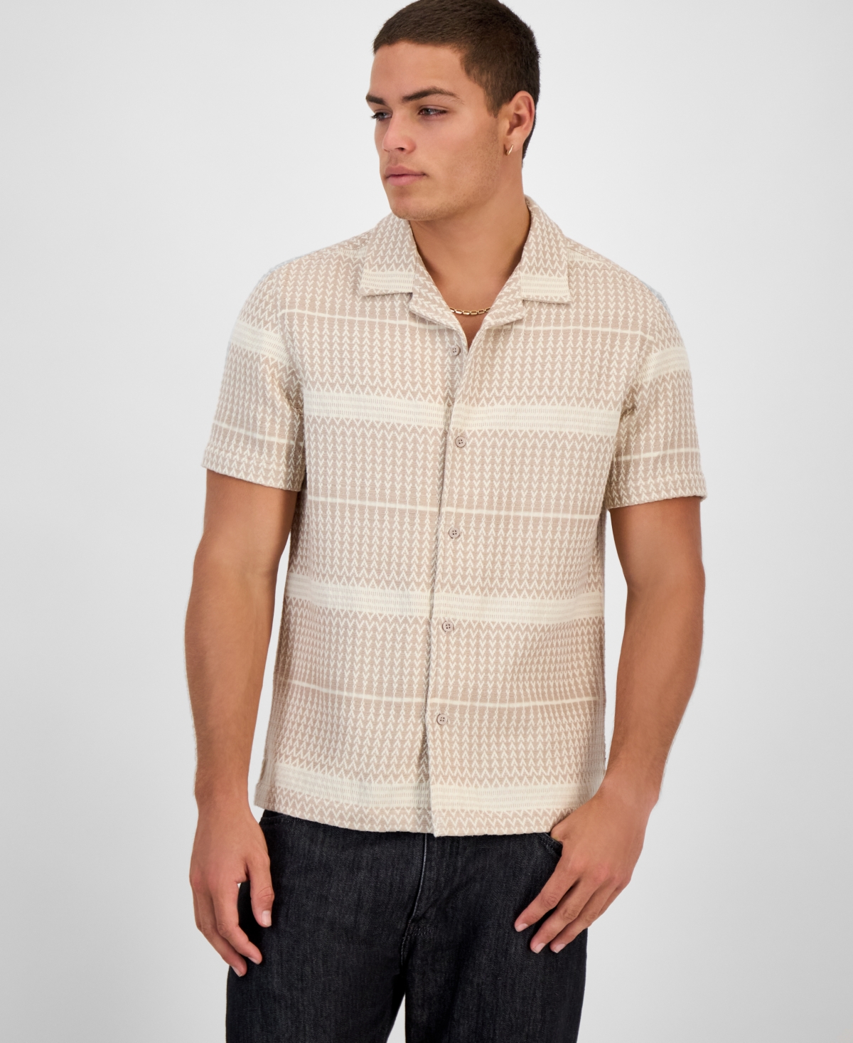 Men's Arrow Jacquard Short Sleeve Button-Up Shirt - Neutral Sand Multi