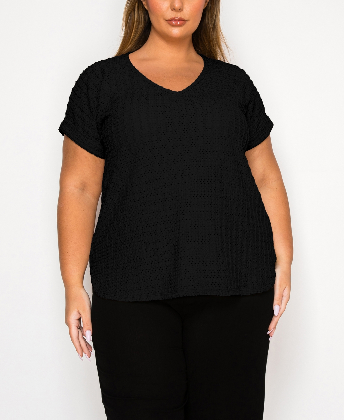 Plus Size Eyelet Jersey V Neck Rolled Sleeve Top - Taupe