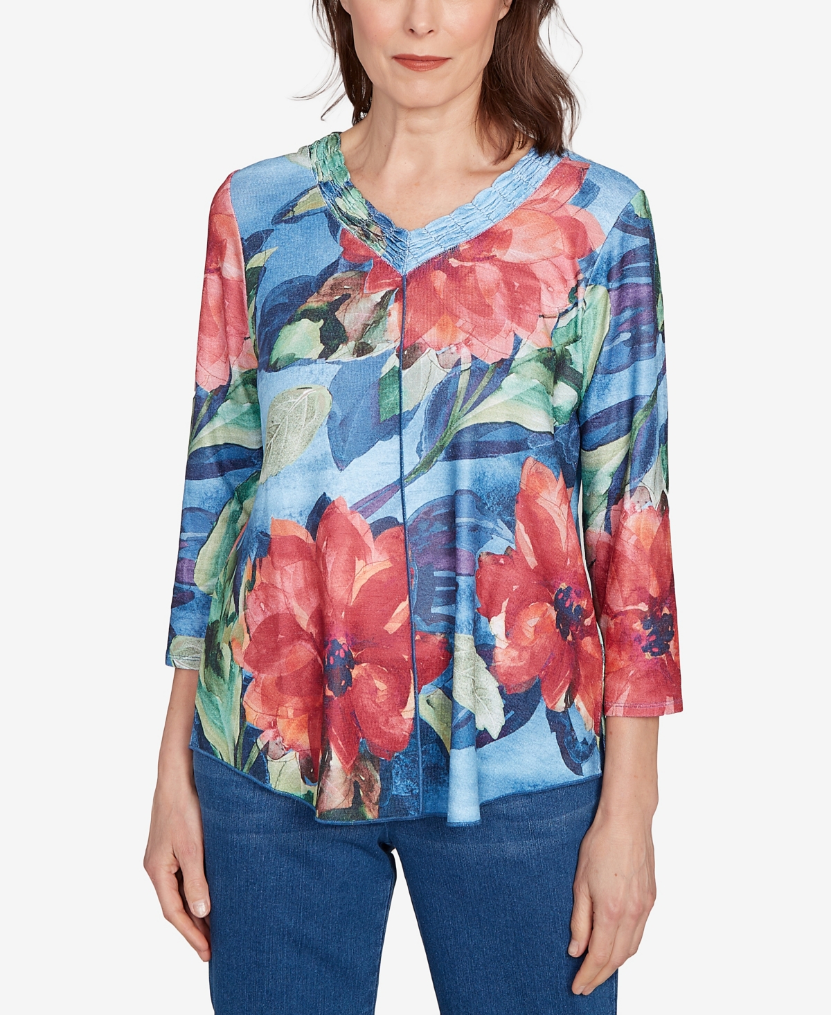 Alfred Dunner Women's El Paso Dramatic V-Neck Floral Top - Blue Multi