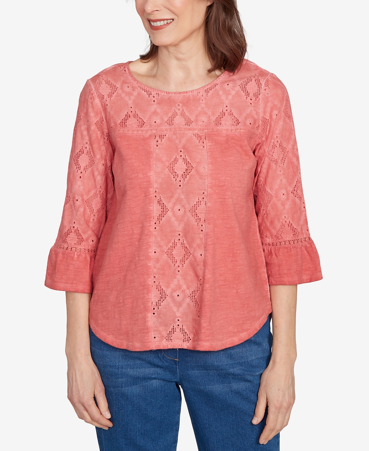 Women's El Paso Diamond Textured Spliced Bell Sleeve Top - Spice