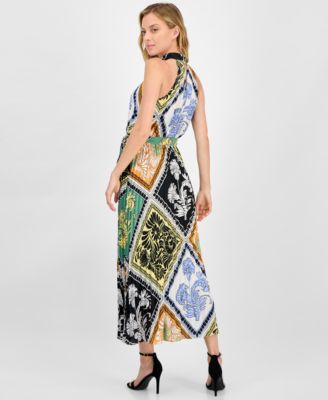 Women's Printed Tie-Waist Pleated-Skirt Halter Maxi Dress