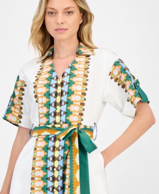 Women's Printed Elbow-Sleeve Tie-Waist Split-Neck Midi Dress