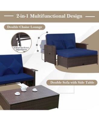 Rattan Loveseat Set Daybed Lounge w/ Storage Ottoman Side Tables Adjust Patio