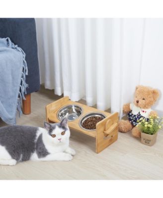   Adjustable Dual Cat Bowl Bamboo Elevated Stand Steel Pet Feeder Bowls