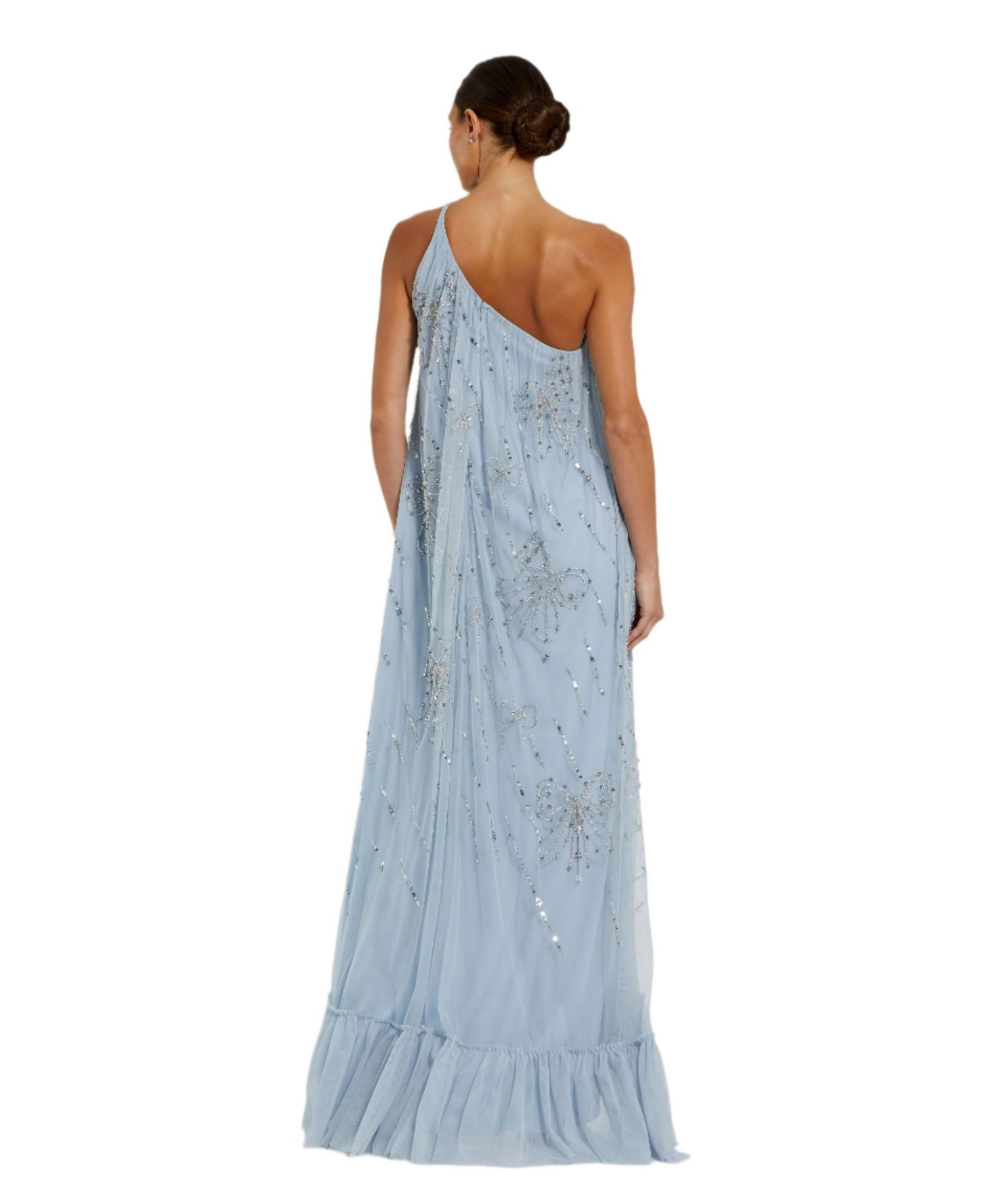 Women's Bow Embellished Mesh One Shoulder High Low Gown