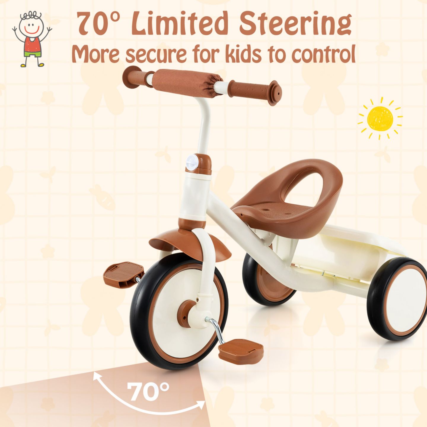 Детская игрушка Slickblue Toddler Tricycle with Adjustable Seat and Storage Basket, Ages 3-5, цвет: Бежевый — фото 6