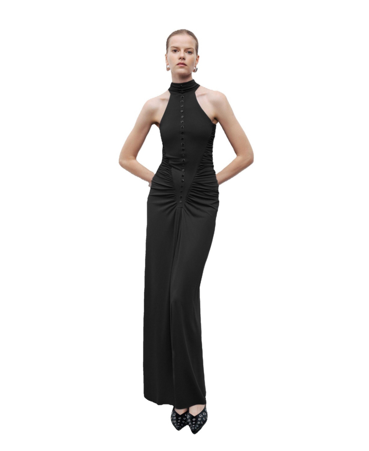 Women's Halter Neck Maxi Dress with Drape Details - Black