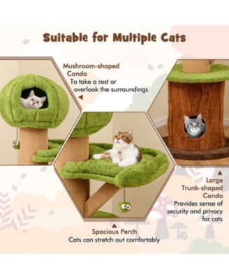 Mushroom Cat Tree for Indoor Cats with 2 Cute Condos Plush Perch and Teasing Balls