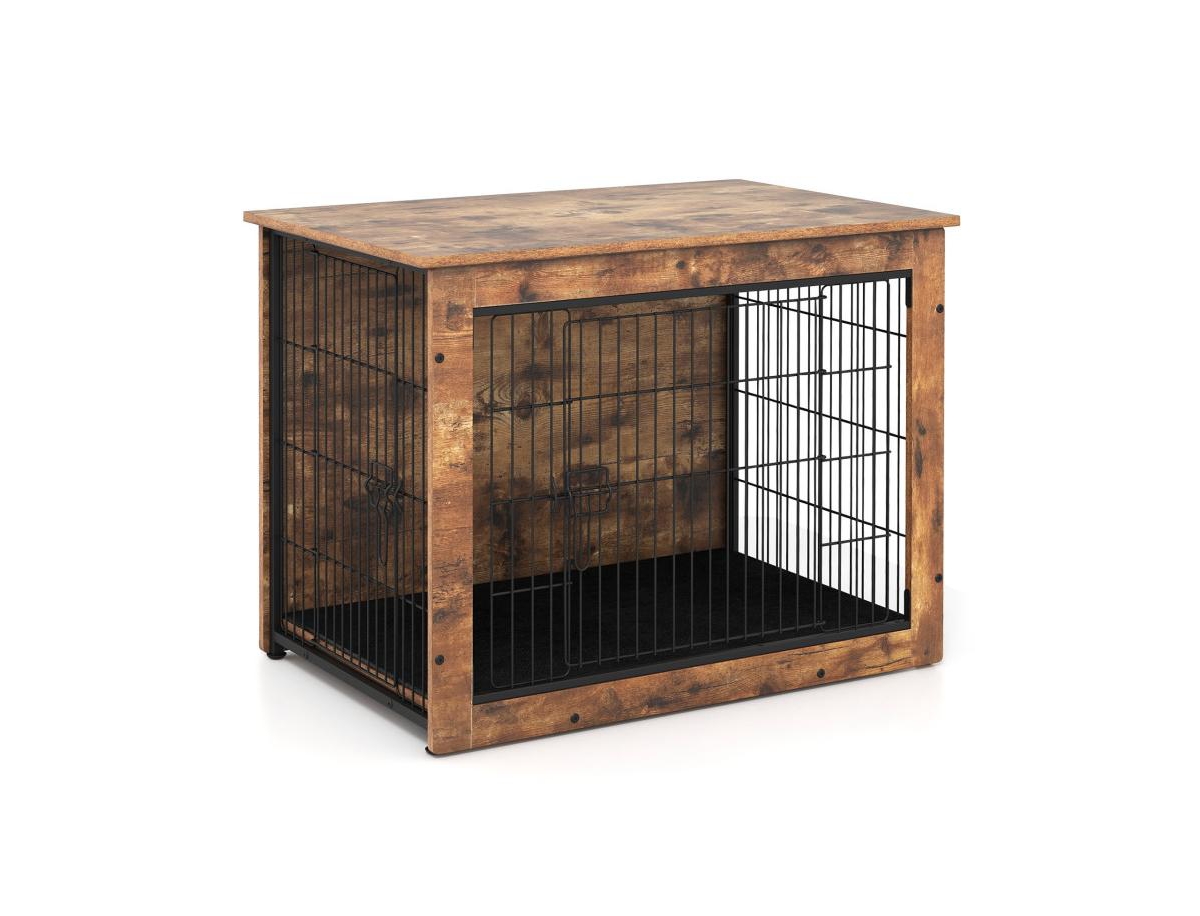 Dog Crate Furniture with Cushion and Double Doors - Rustic Brown, Black