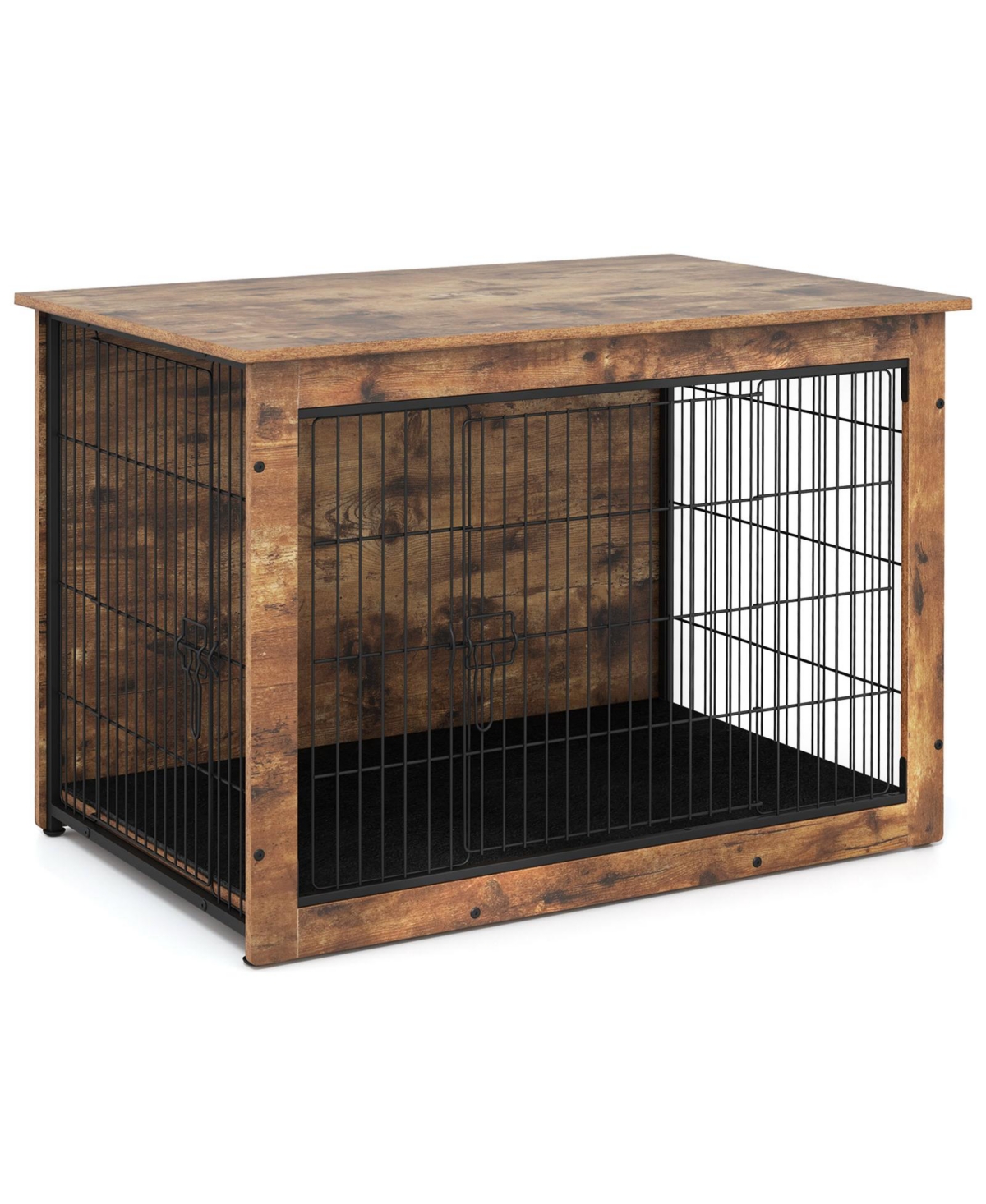 Dog Crate Furniture with Cushion and Double Doors - Rustic Brown, Black
