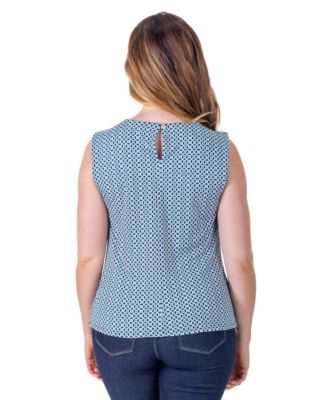 Petite Blue Print Pleated Crew Neck Back Closure Sleeveless Top