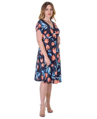 Petite Tulip Print Empire Waist Kimono Cap Sleeve Knee Length Dress