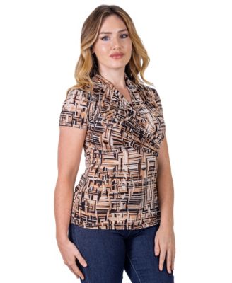 Petite Brown Print Short Sleeve V-Neck Wrap Top