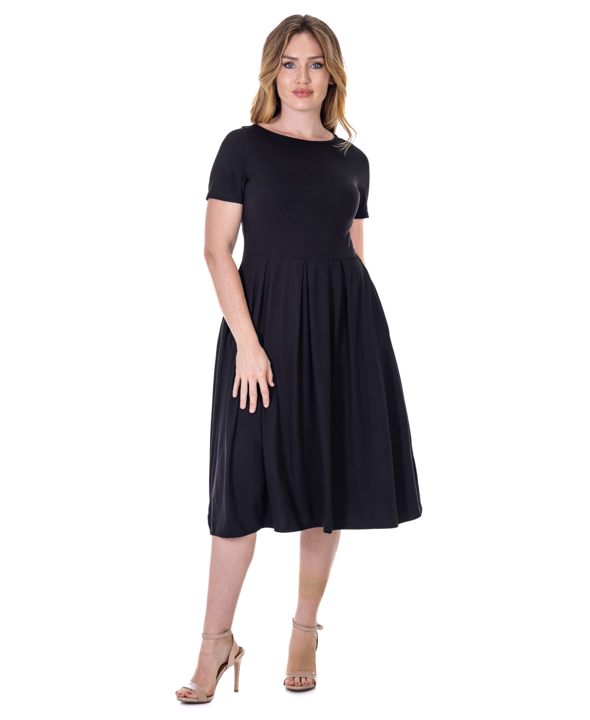 24seven Comfort Apparel Petite Midi Dress With Short Sleeves And Pocket Detail