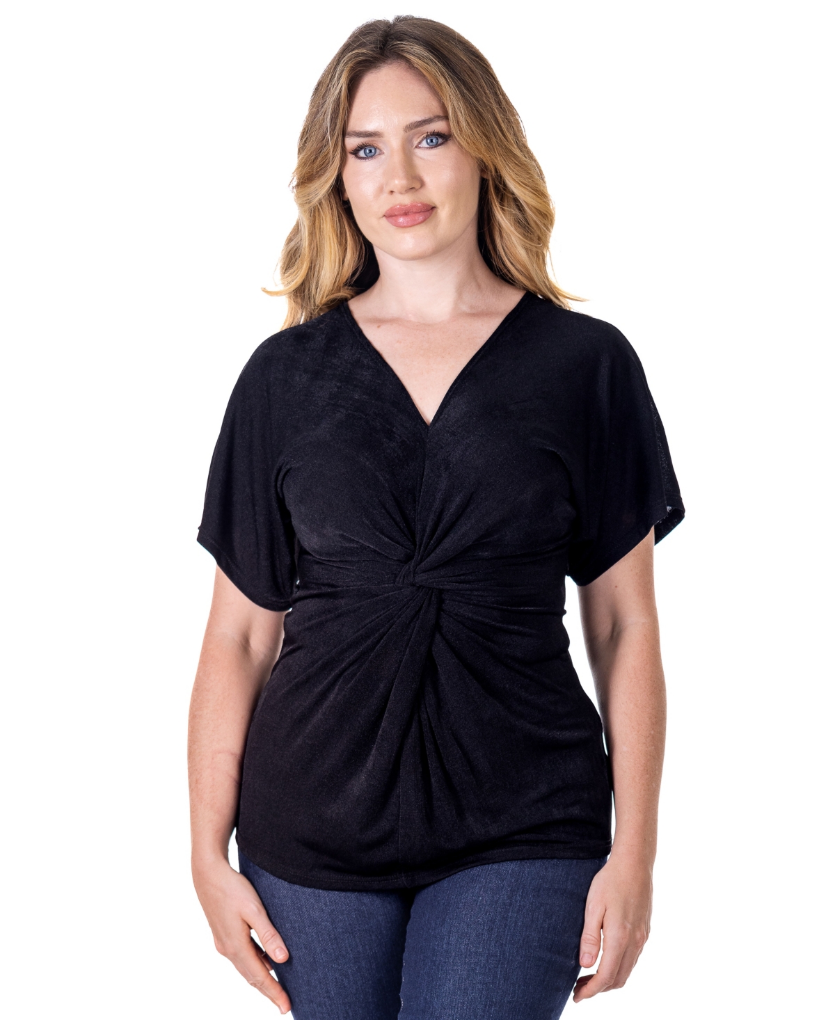Petite V-Neck Knot Front Kimono Sleeve Top - Black