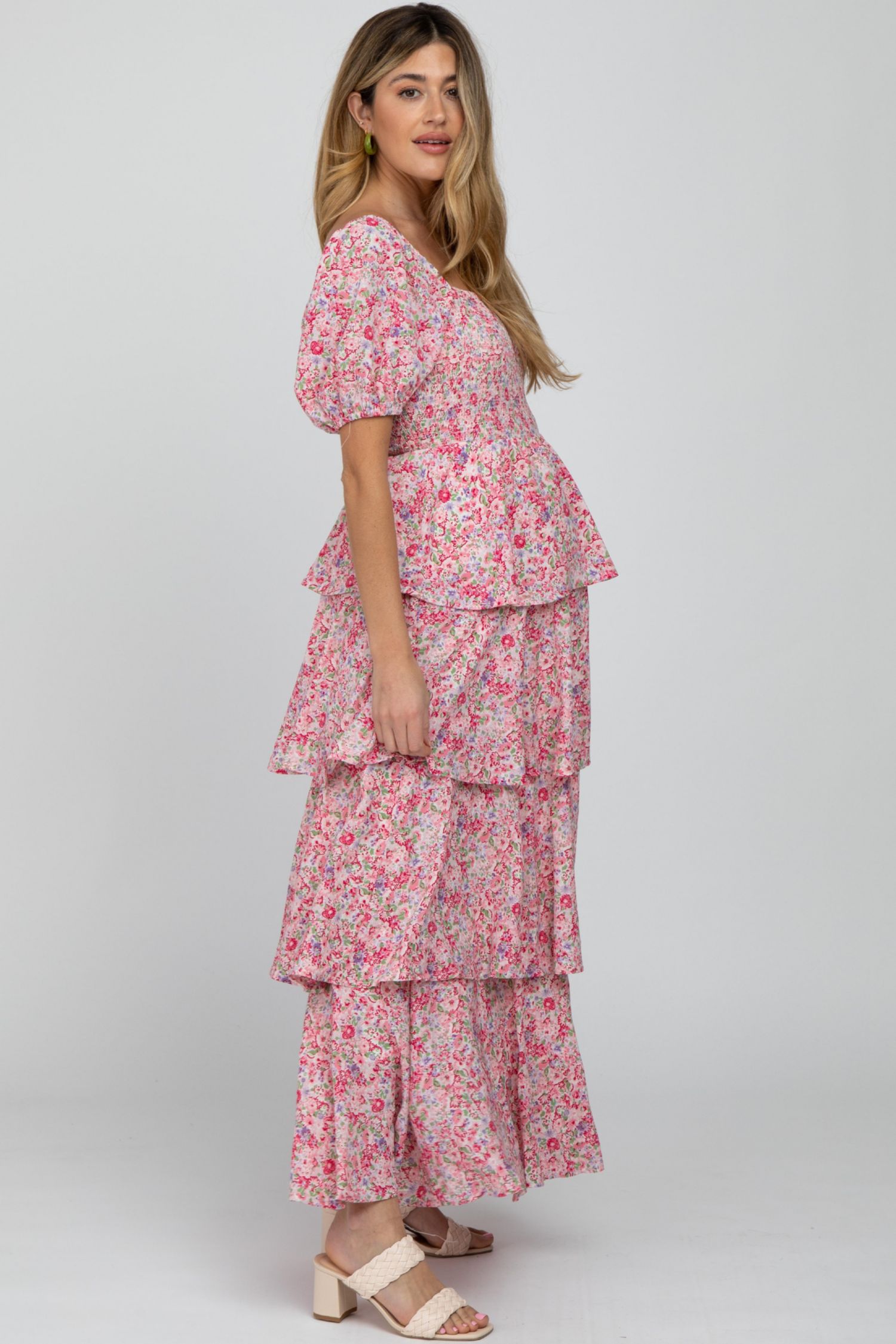 Women's Pink Floral Square Neck Ruffle Layered Maxi Dress