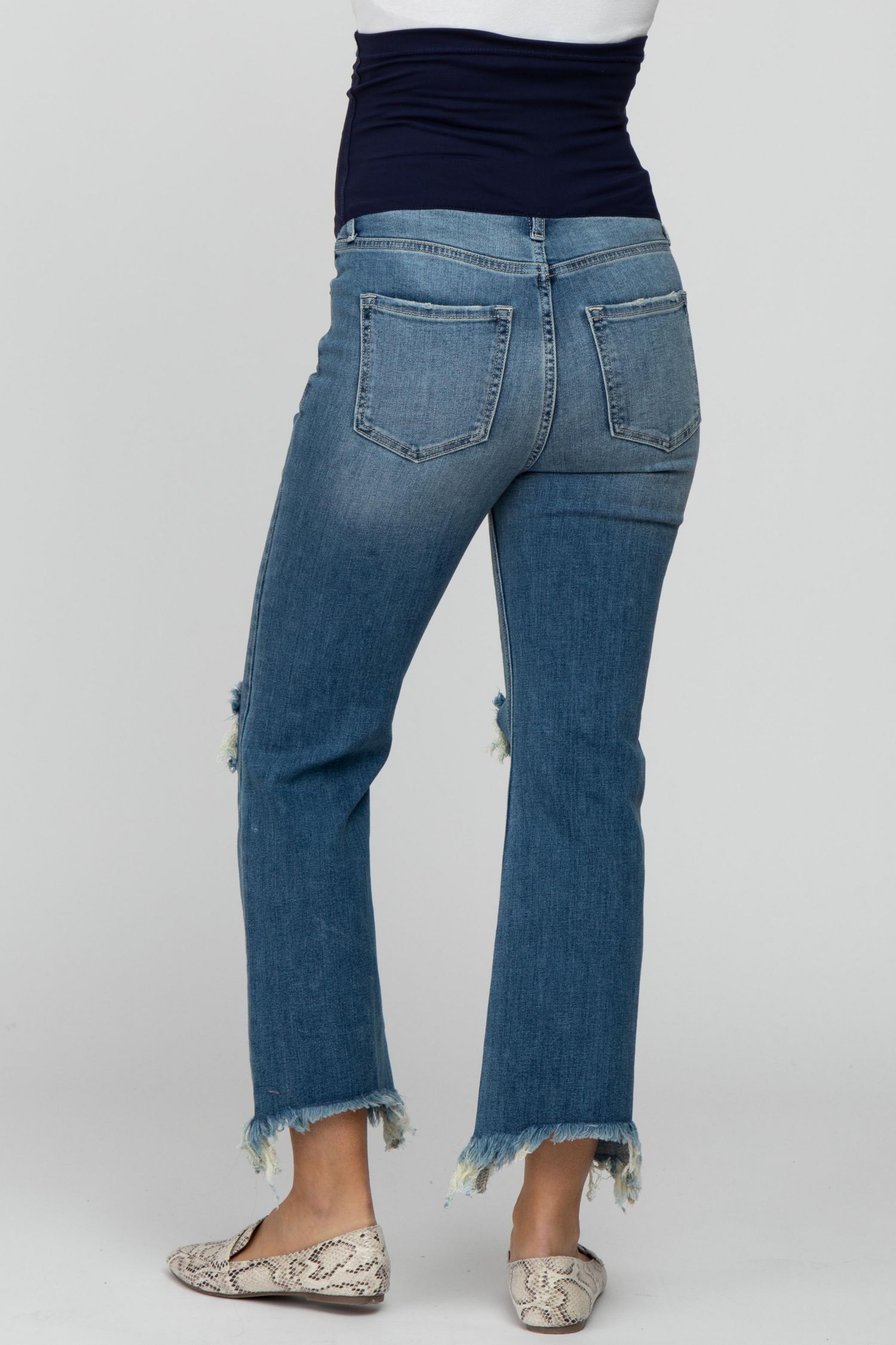 Women's Blue Frayed Wide Leg Cropped Jeans