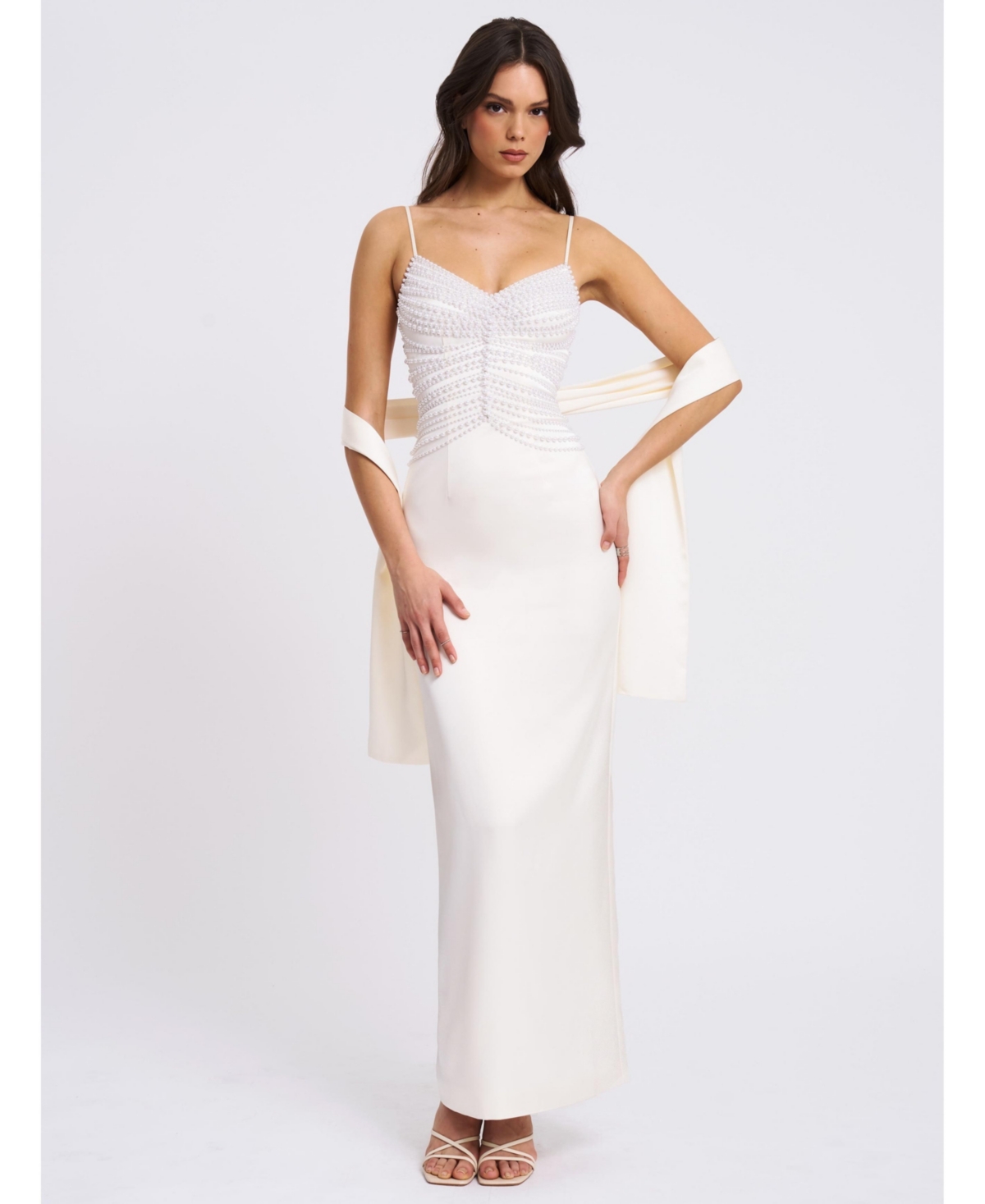 Women's Karmen Pearl Top Pencil Slip Gown with Scarf - White