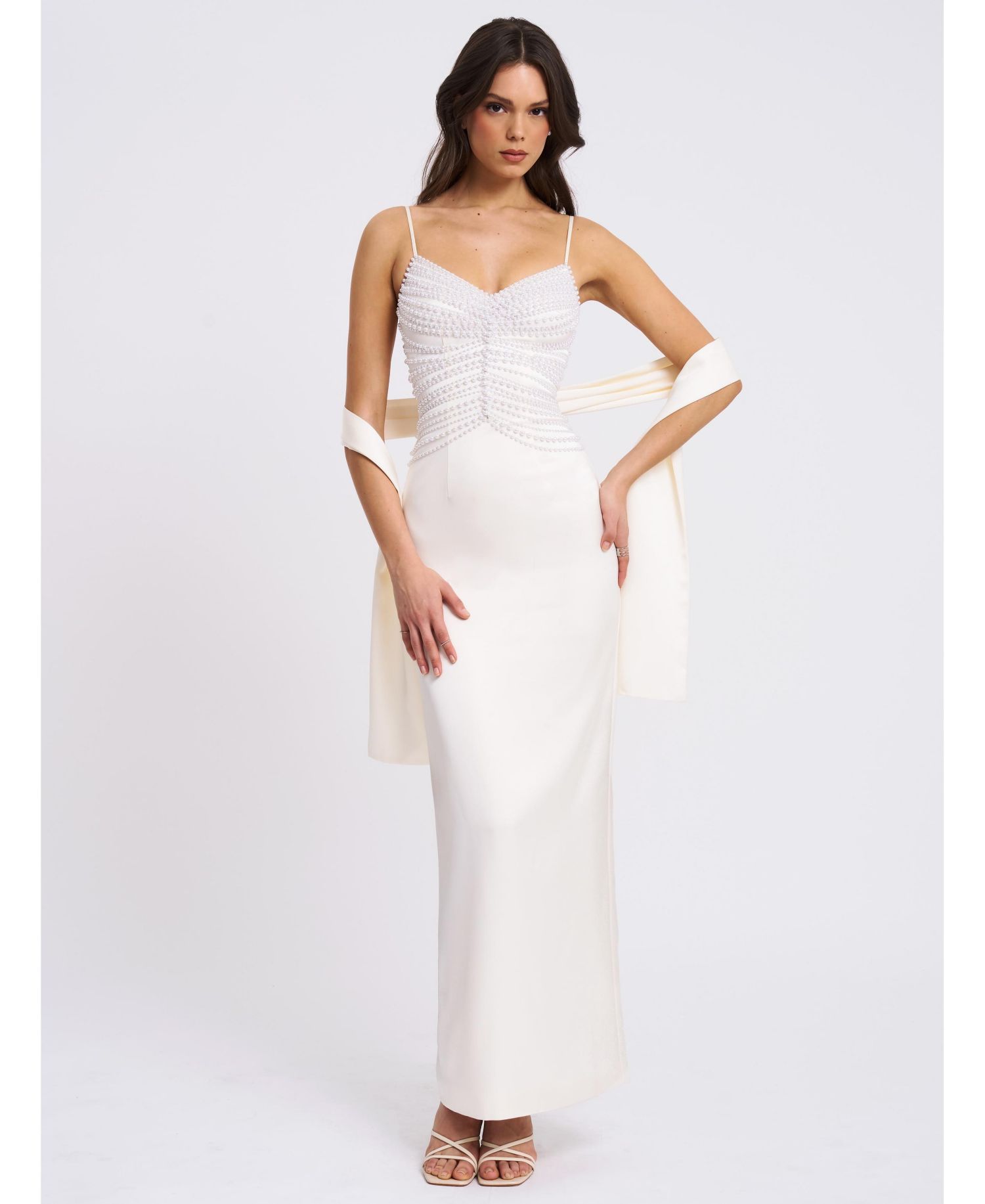 Women's Karmen Pearl Top Pencil Slip Gown with Scarf