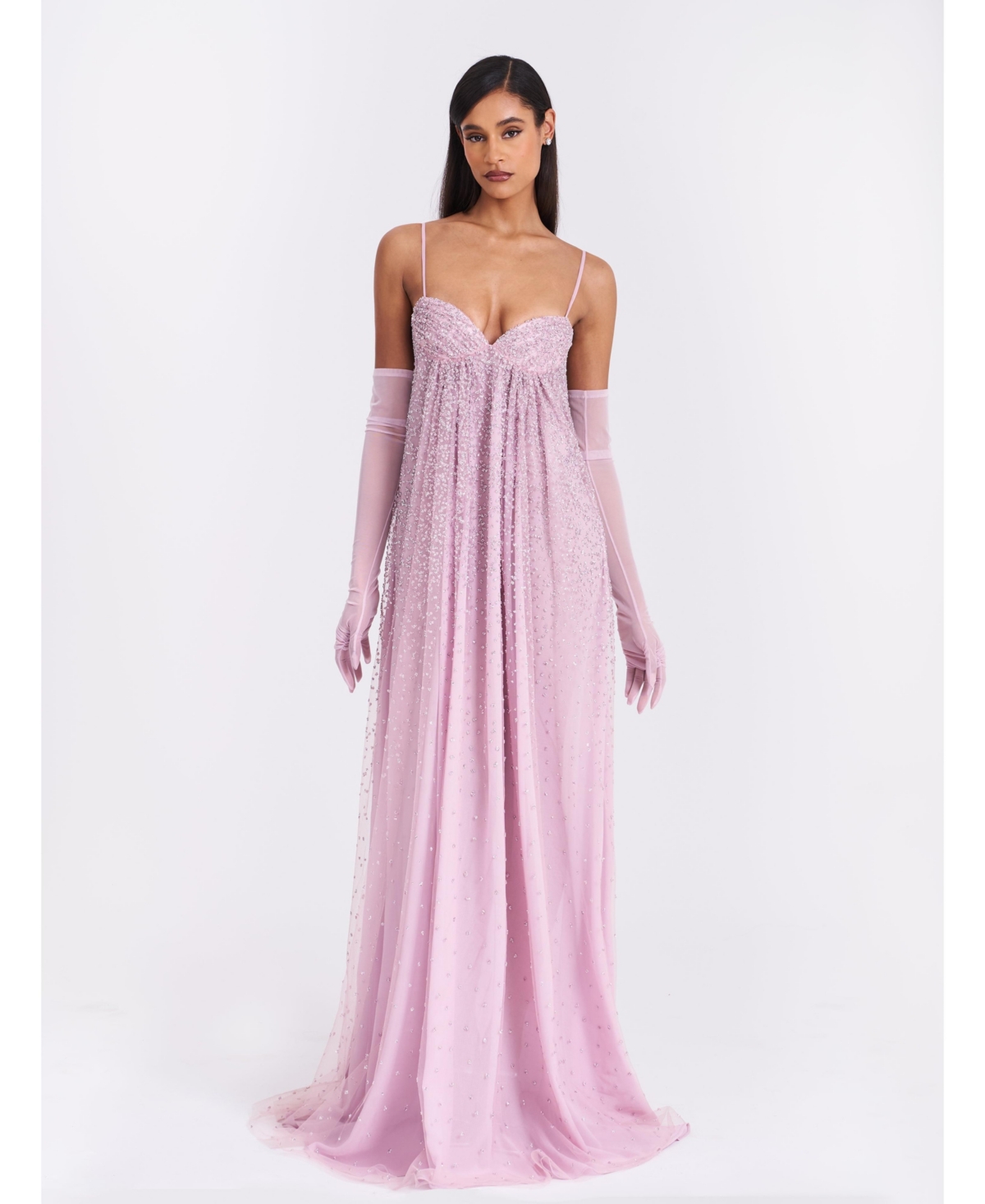 Women's Wallie Pink Rhinestone Embellished Mesh Backless Gown - Light pink