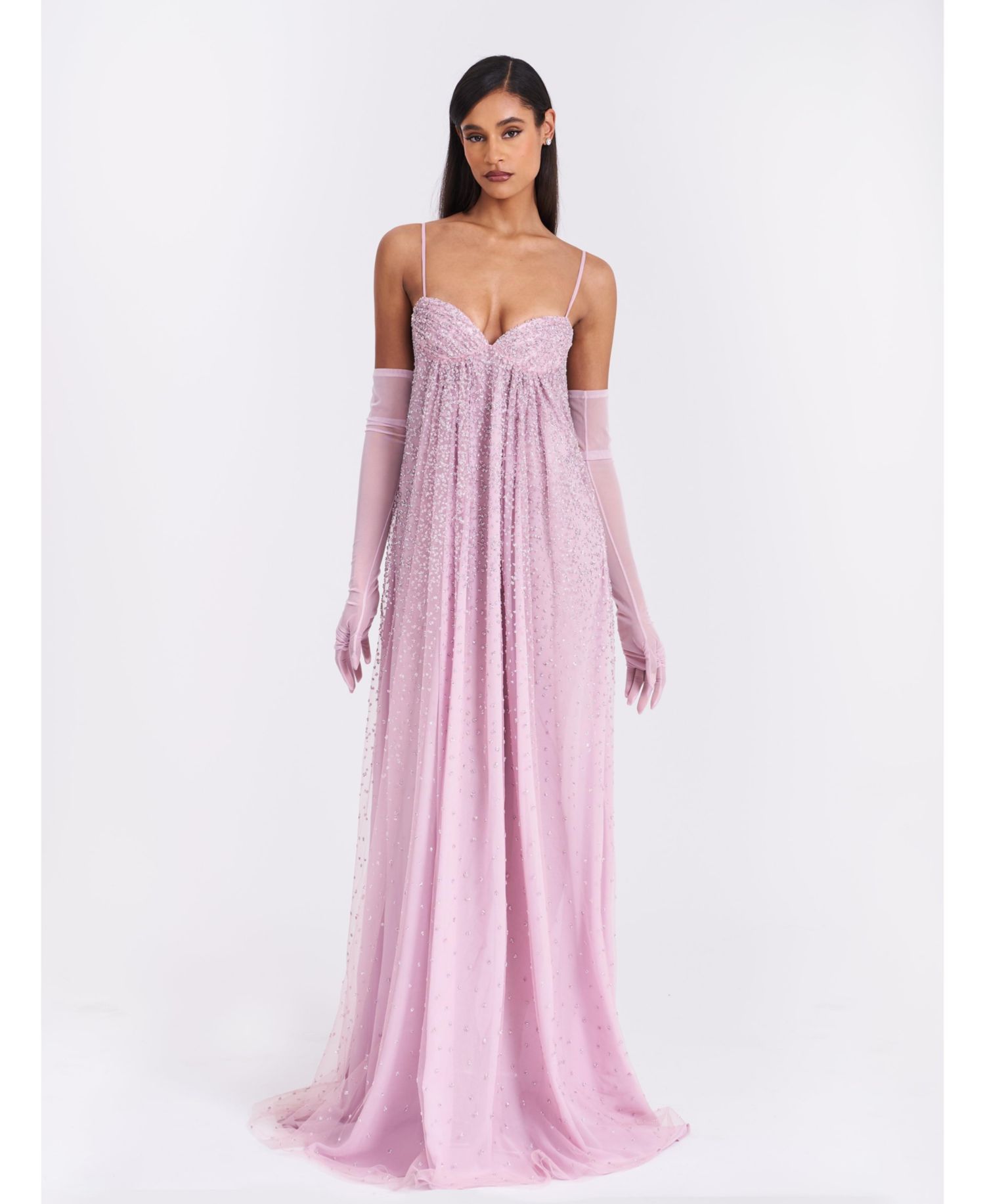 Women's Wallie Pink Rhinestone Embellished Mesh Backless Gown