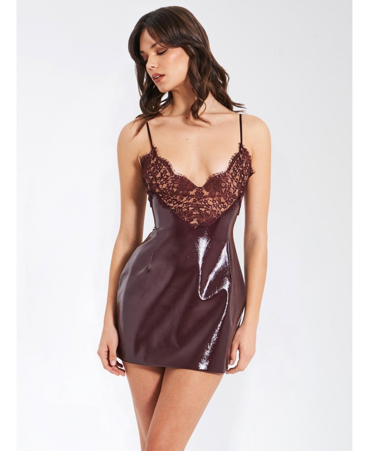 Women's Shelby Dark Brown Faux Leather with Lace Mini Dress - Dark brown