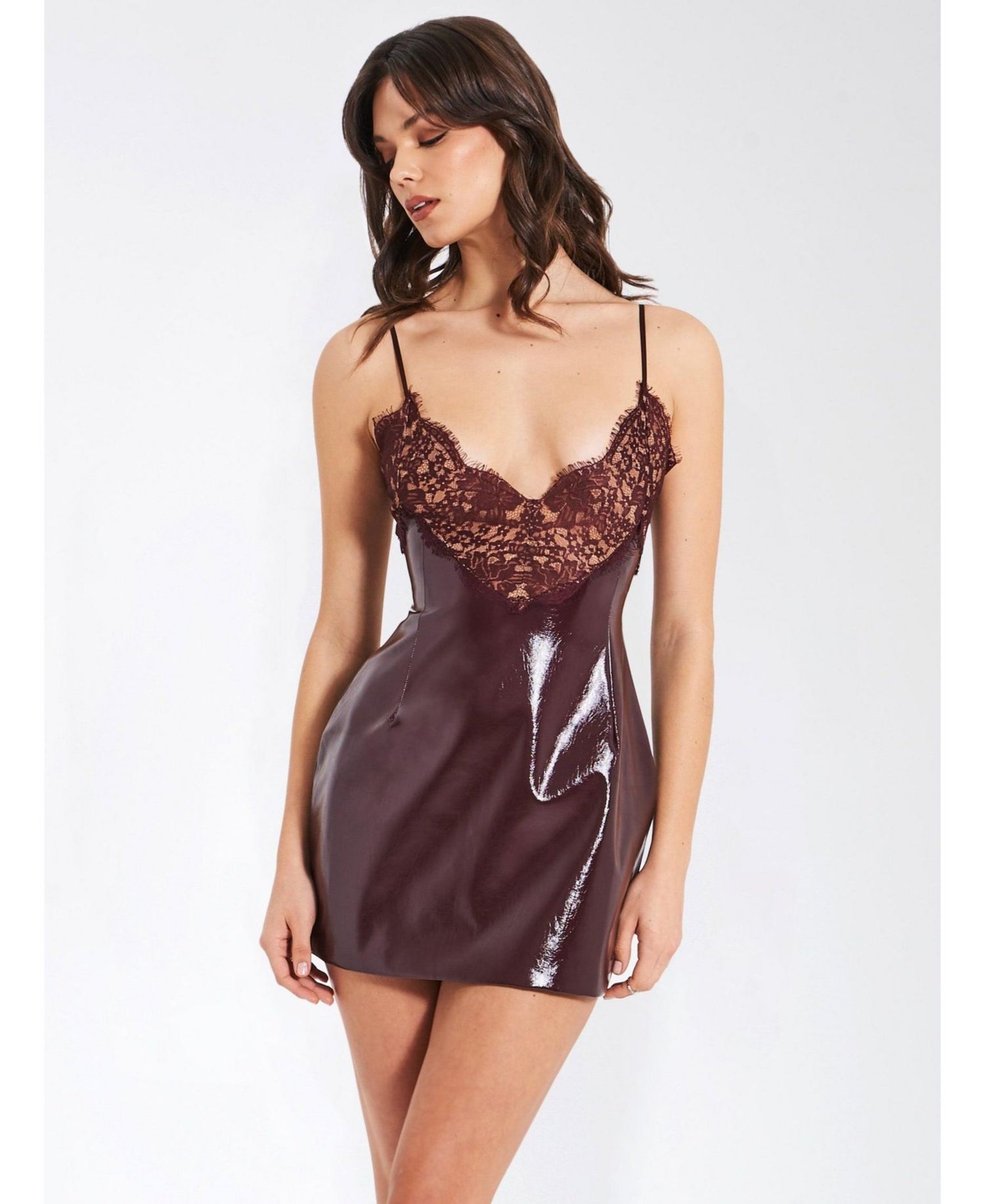 Women's Shelby Dark Brown Faux Leather with Lace Mini Dress