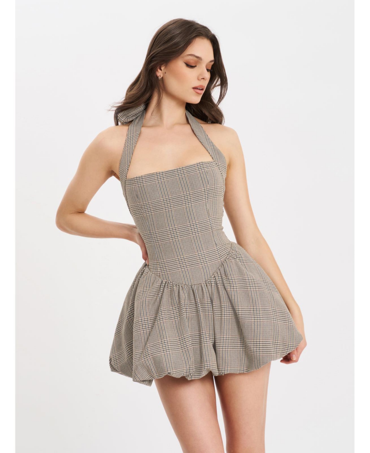 Women's Dacia Plaid Halter Lace-up Bubble Mini Dress - Brown
