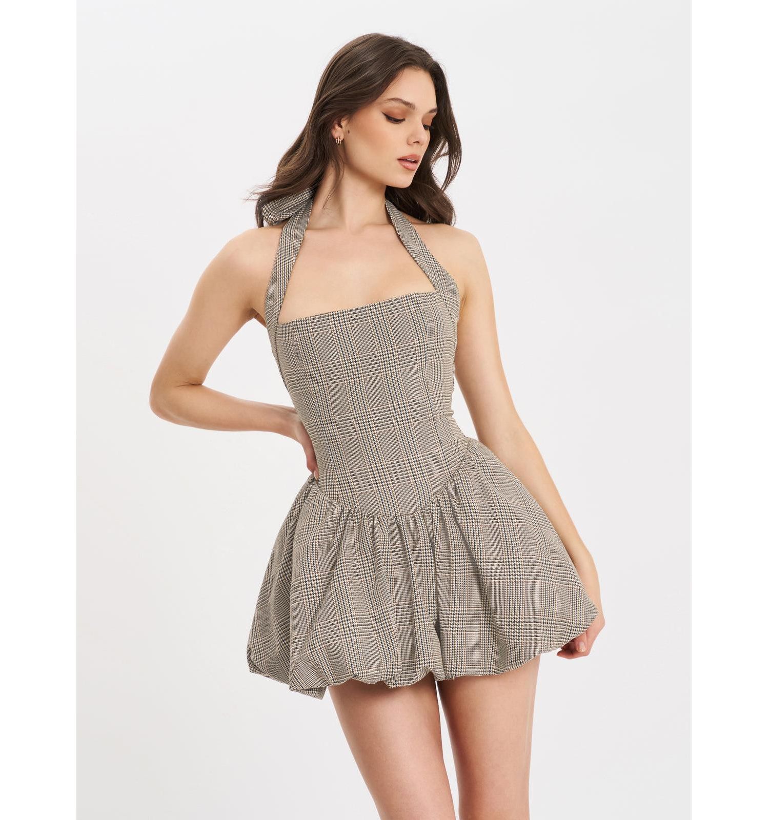 Women's Dacia Plaid Halter Lace-up Bubble Mini Dress