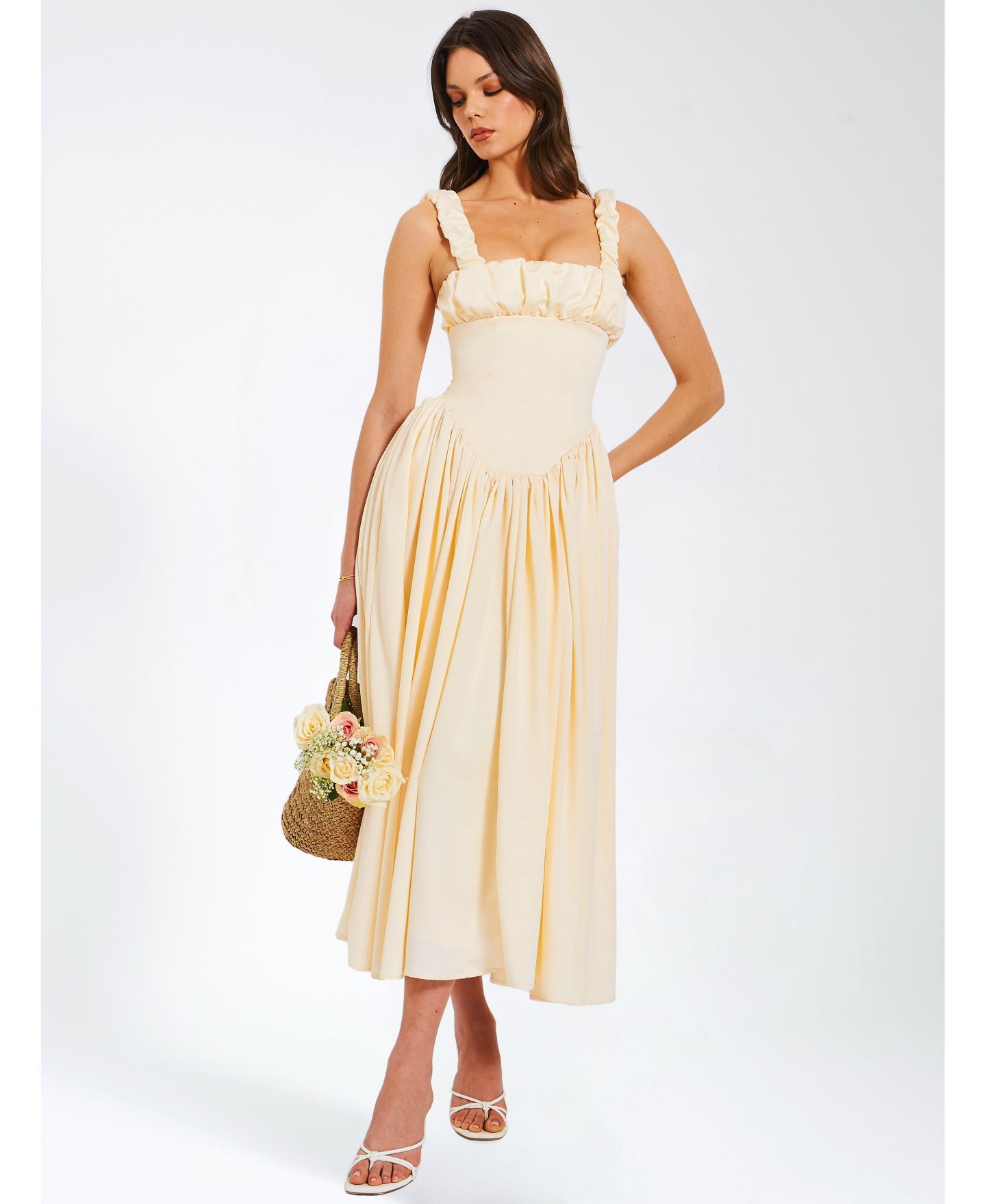 Женское платье Miss Circle Noreen Egg White Satin Drop Waist Maxi Sundress, цвет: Белый — фото 1