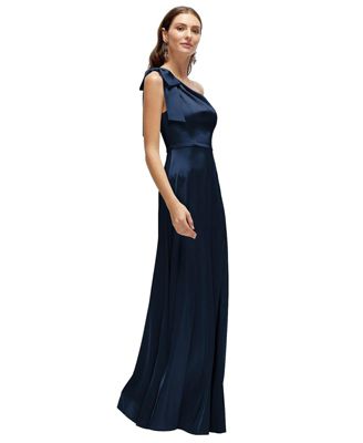 Women's Bow One-Shoulder Fluid Satin Maxi Dress with Full Skirt