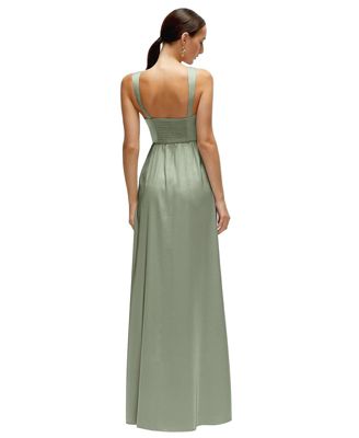 Women's Shaped Strap Portrait Neckline Fluid Satin Maxi Dress with Full Skirt