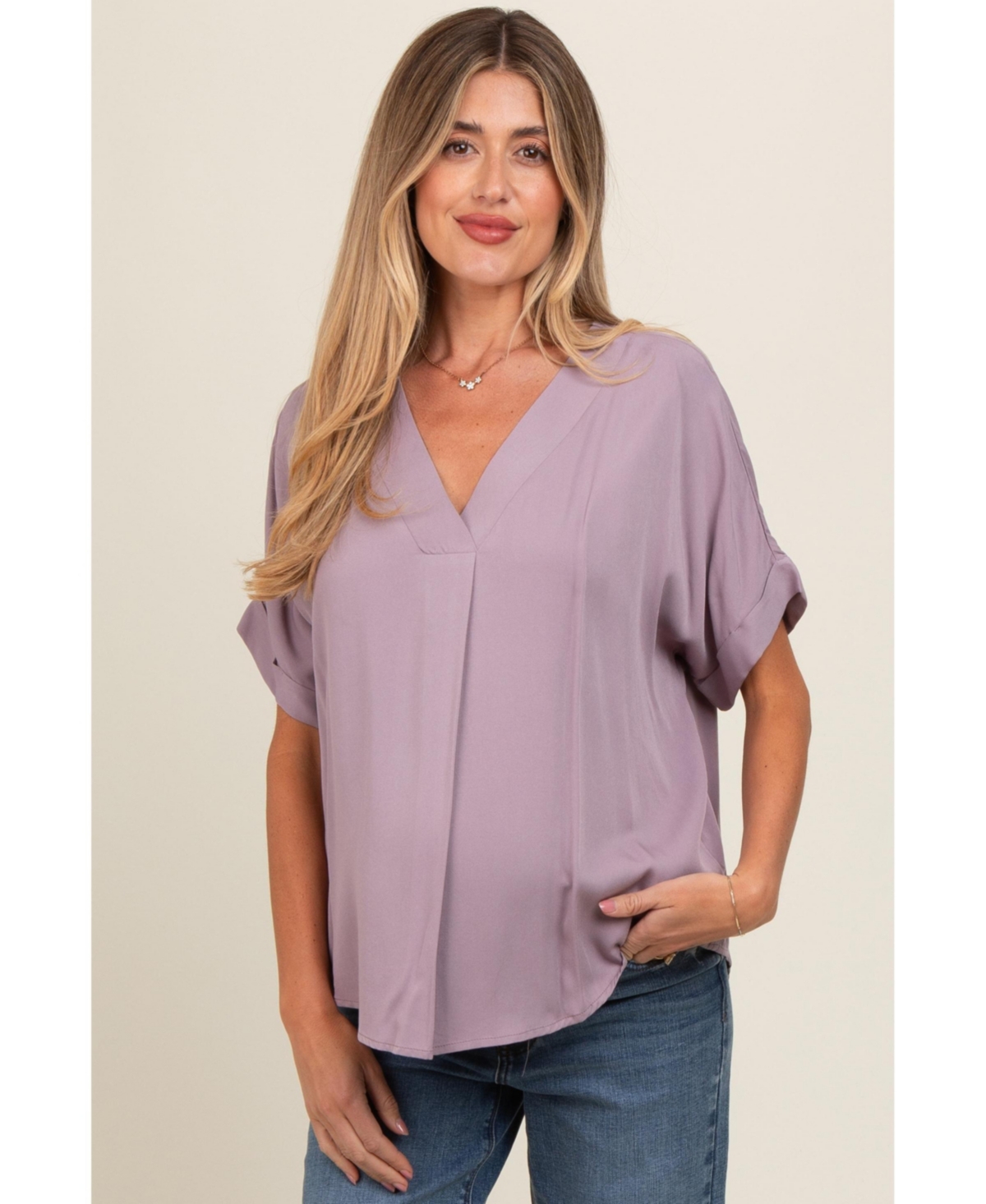 Maternity Lavender V-Neck Pin-Tuck Detail Top - Lavender
