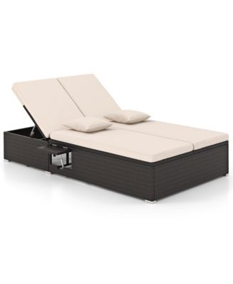 Outdoor Patio Daybed PE Wicker Double Chaise Lounge w/ Adjustable Backrests