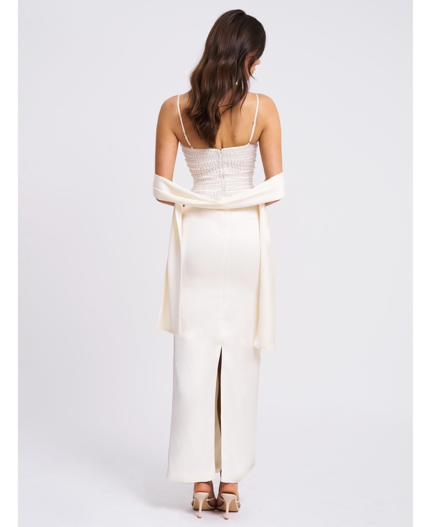 Women's Karmen Pearl Top Pencil Slip Gown with Scarf