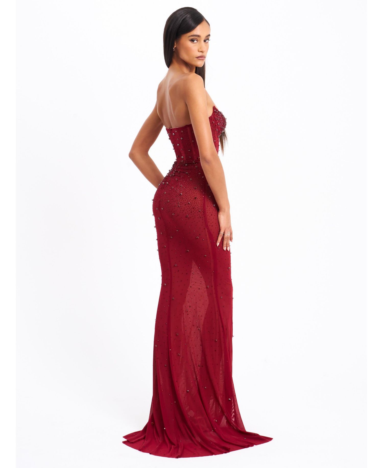 Women's Fatima Burgundy Crystal Sleeveless Corset Mermaid Maxi Dress