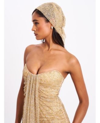 Women's Ada Gold Rhinestone Embellished Strapless Gown with Head Scarf