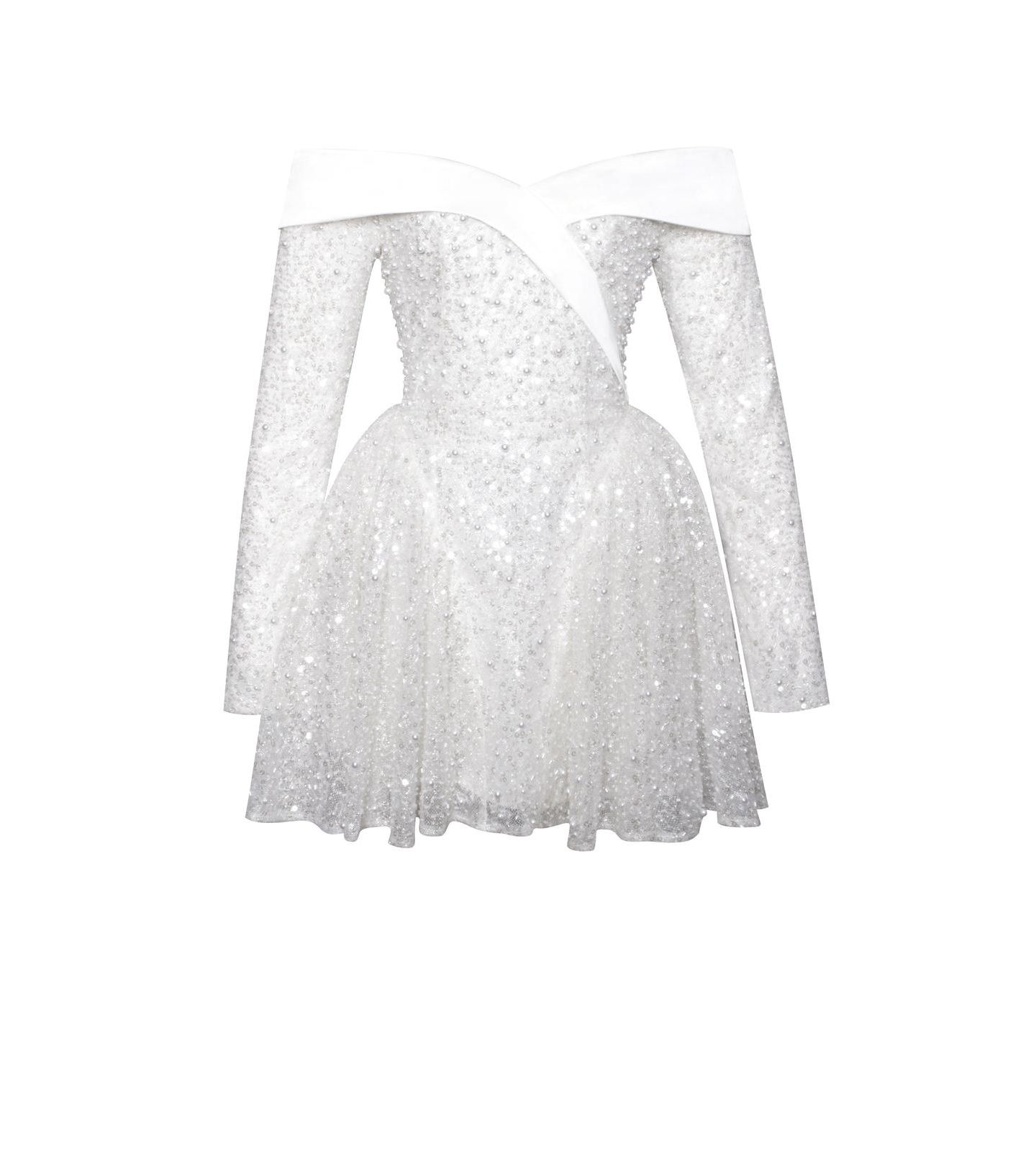 Женское платье Miss Circle Kira Bead Embroidered Mesh Off Shoulder Long Sleeve Mini, цвет: Белый — фото 10