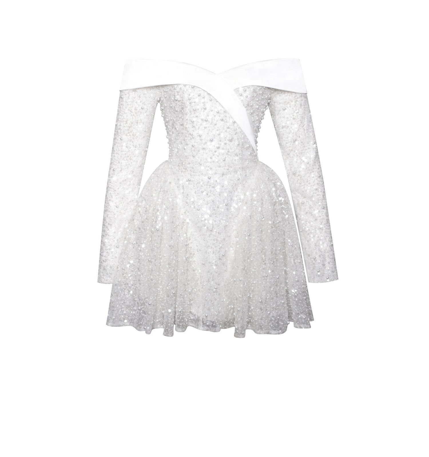 Women's Kira Bead Embroidered Mesh Off Shoulder Long Sleeve Mini Dress