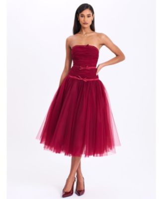 Women's Mabel Burgundy Drop Waist Layered Mesh Midi Puffy Dress with Bow
