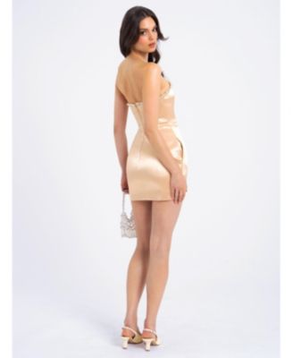 Women's Paisley Pearl Trim Gold Sleeveless Mini Dress