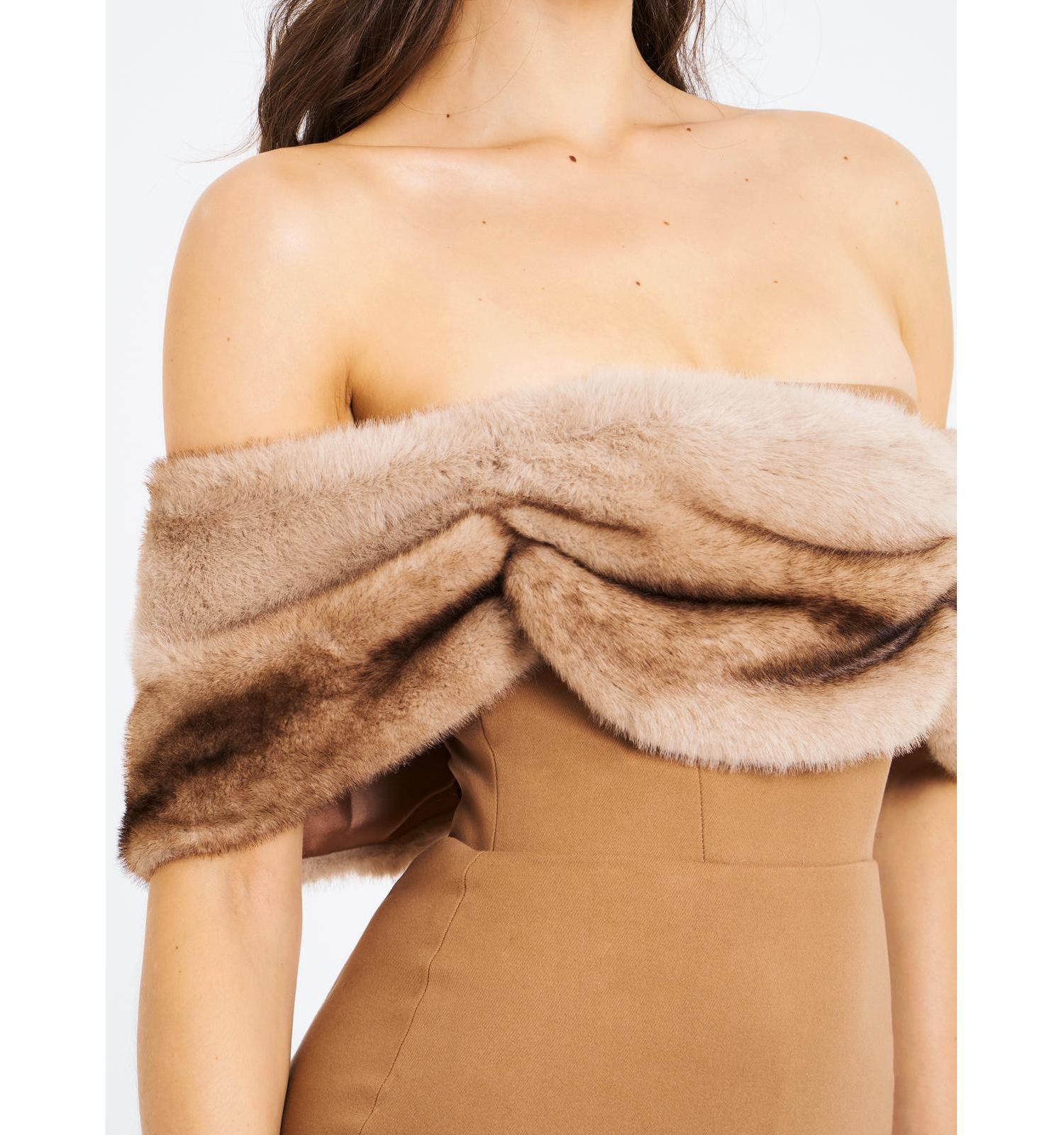 Women Nadira Off Shoulder Faux Fur Trim Mini Dress