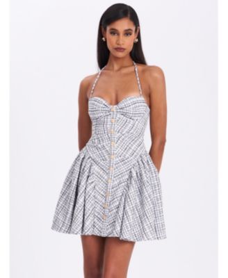 Women's Melody Black and White Plaid Tweed Halter Drop Waist Mini Dress