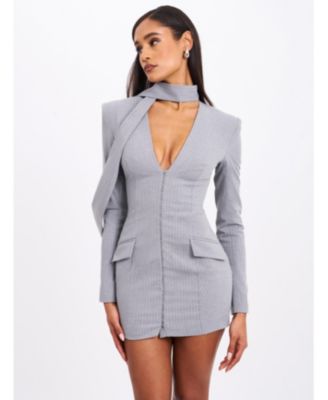 Women's Tahlia Deep V Pinstripes Gray Blazer Dress with scarf collar