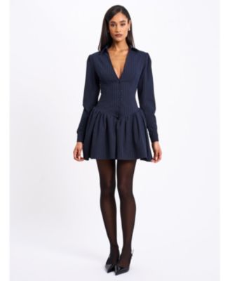 Women's Xabrina Navyblue Pinstripe Long Sleeve Shirt Mini Dress