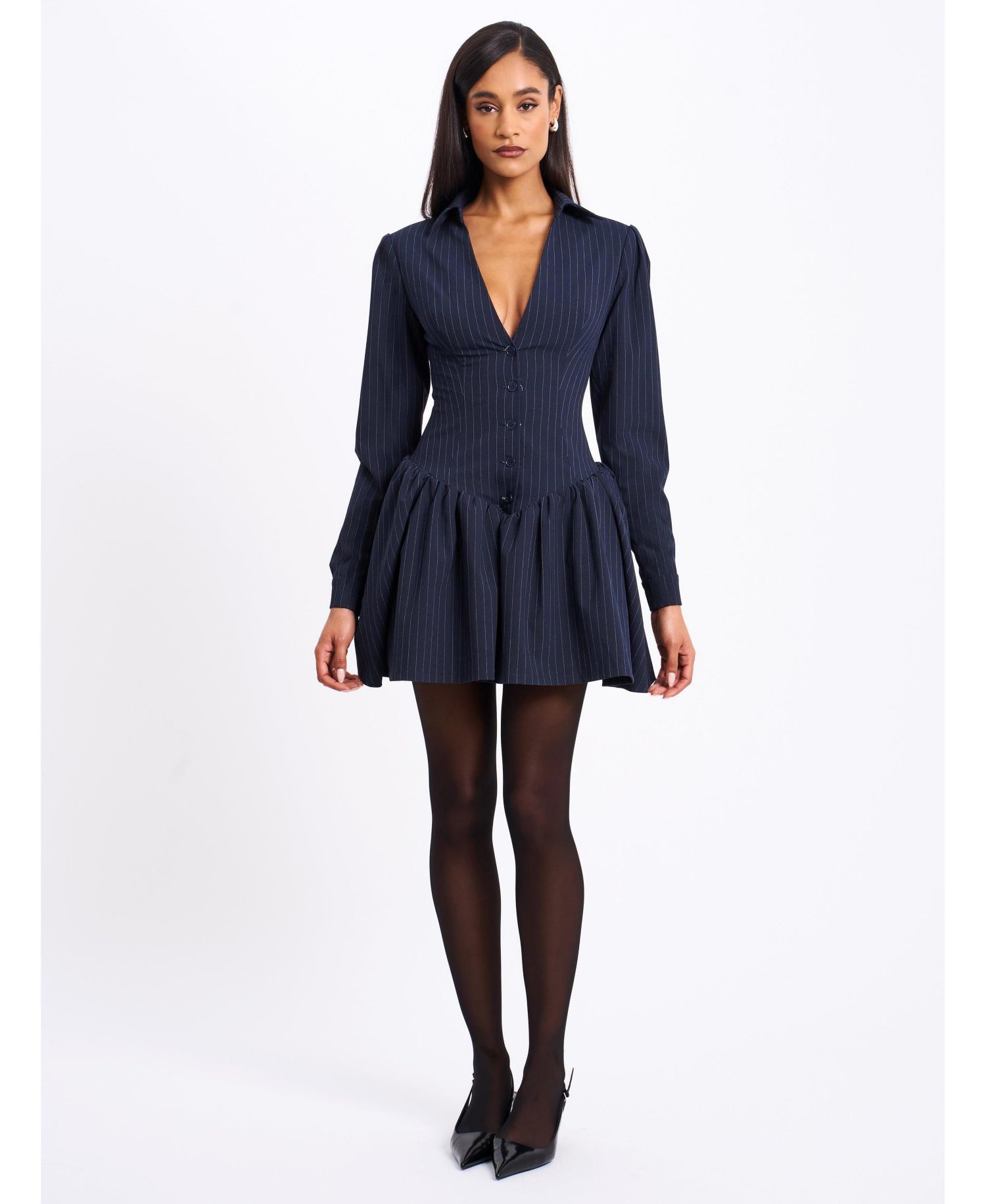 Women's Xabrina Navyblue Pinstripe Long Sleeve Shirt Mini Dress