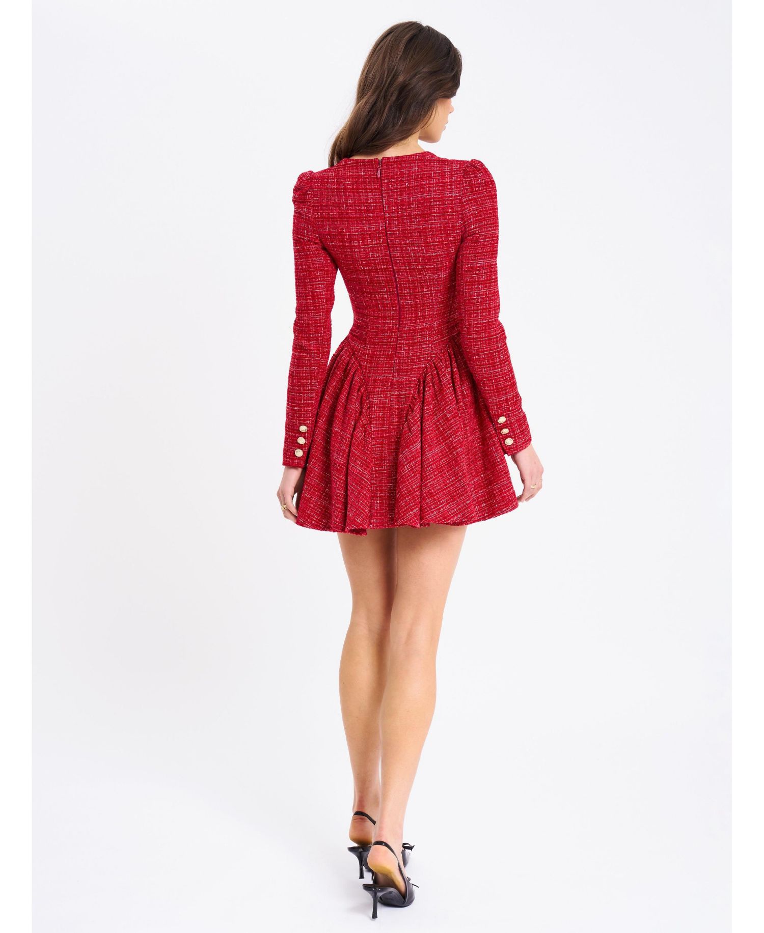 Women's Tae Red Tweed Long Sleeve Drop Waist Mini Dress