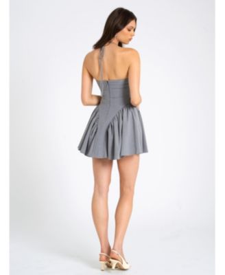 Women Melody Gray Stripe Halter Drop Waist Mini Dress