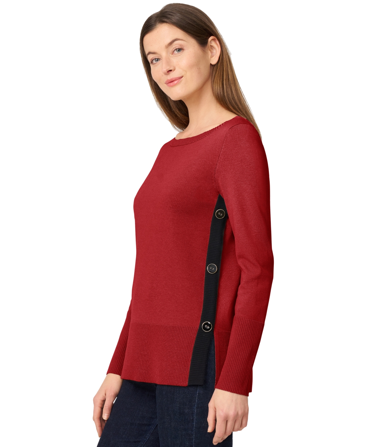 Melissa Paige Petite Tipped Side-button Tunic Sweater In Red
