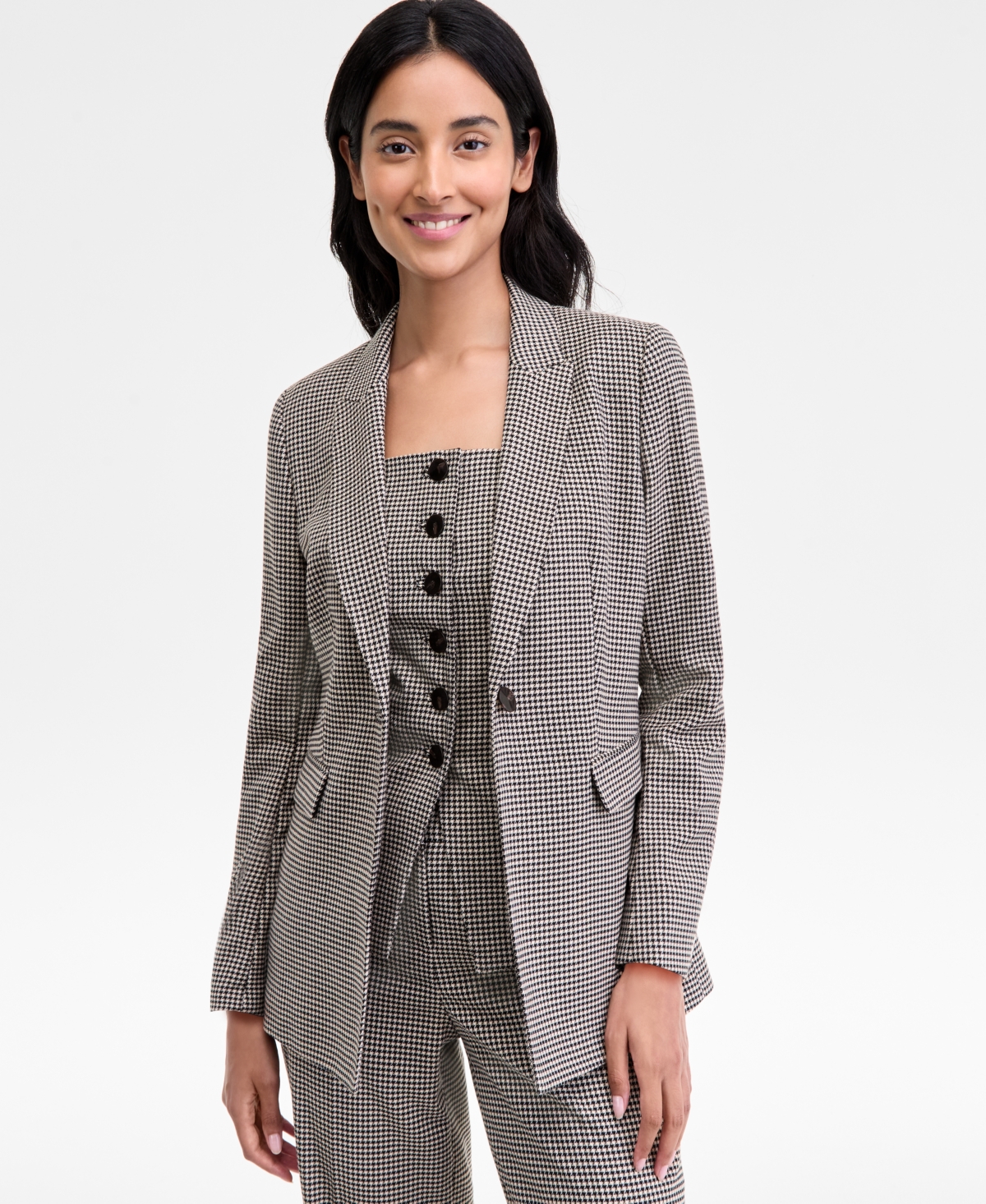 Women's Single-Button Houndstooth-Print Blazer - Anne Black Multi